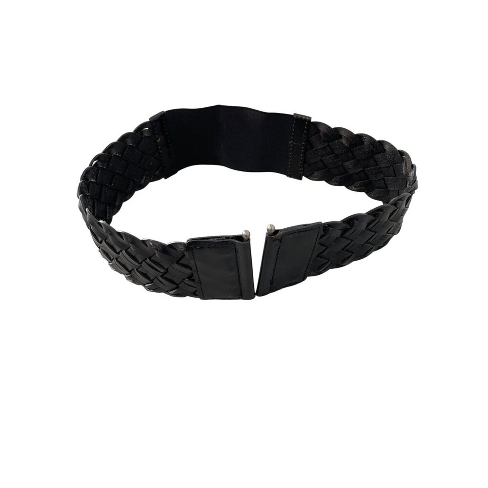 Old Navy Braided Woven Stretch Belt Size Medium/Large Black Genuine Leather Boho